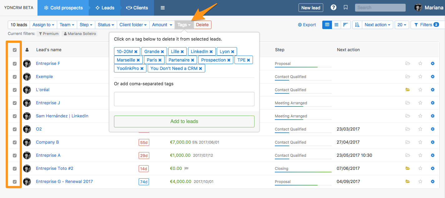 Lead Management · Bulk actions with leads